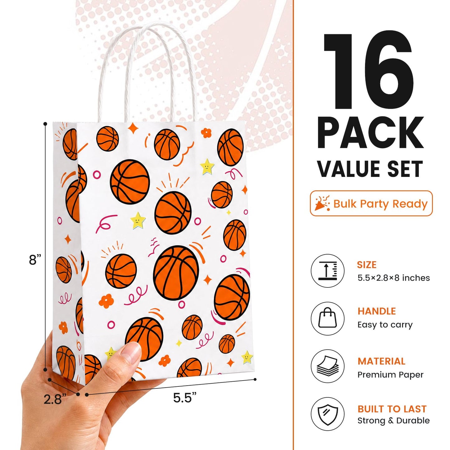 VGOODALL 16 Pack Gift Bags, 5.5" x 2.8" x 8" Basketball Party Favor Bags with Handles for Sports Theme Birthday Party Supplies