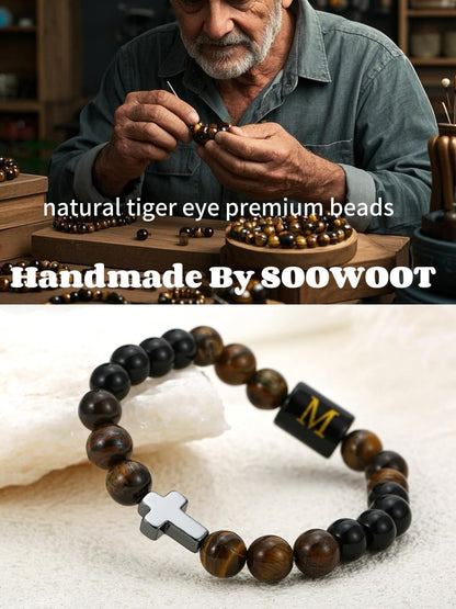 SOOWOOT Cross Bracelet for Men, Initial Bracelet for Men, initail A-Z design, Christian Gifts, Natural Tigers Eye Stone Beads, Easter Gifts