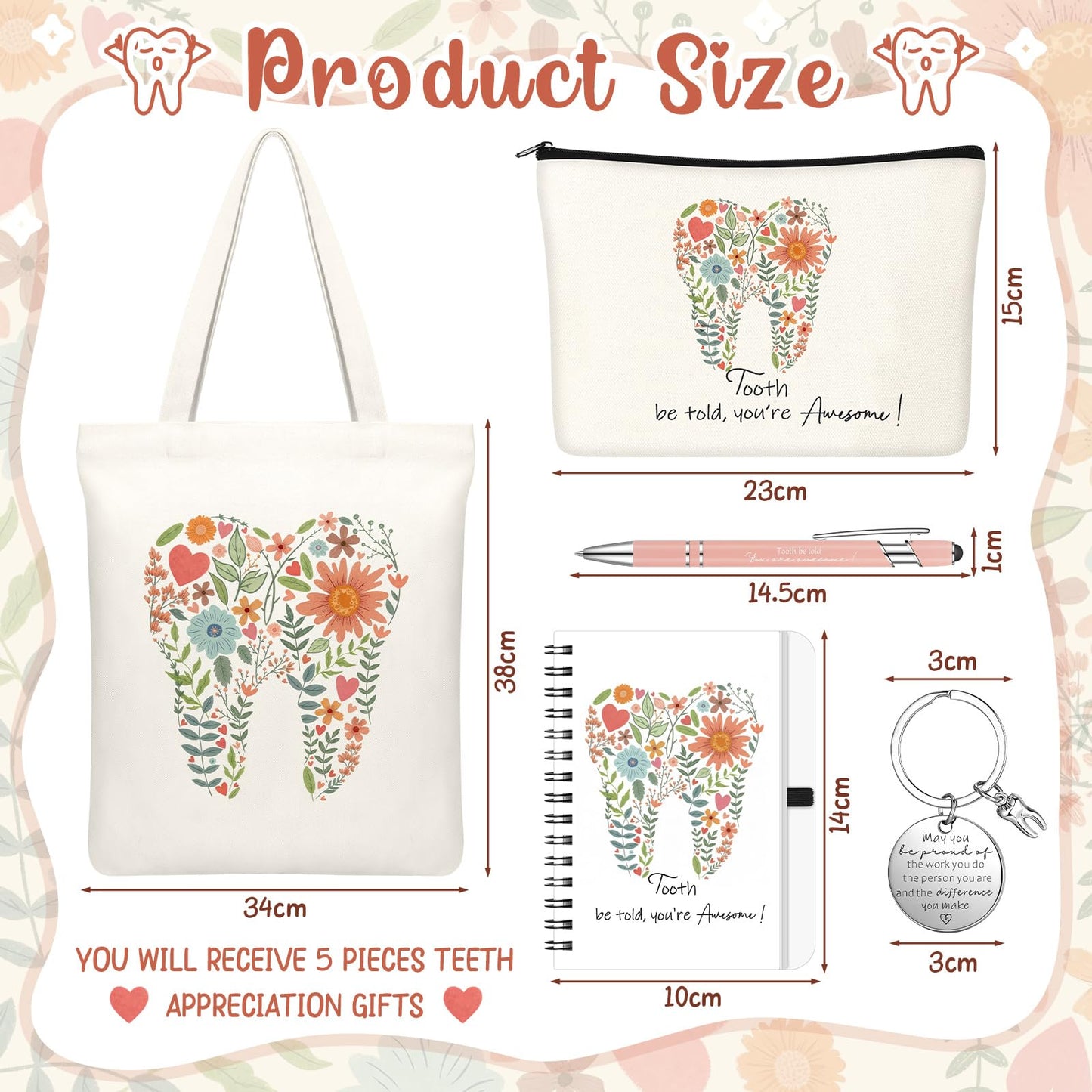 Kinlop 5 Pcs Floral Tooth Dental Gift Set for Women Include Tote Bag Canvas Cosmetic Bag Coil Notebook Keychain and Ballpoint Pen for Women Girls