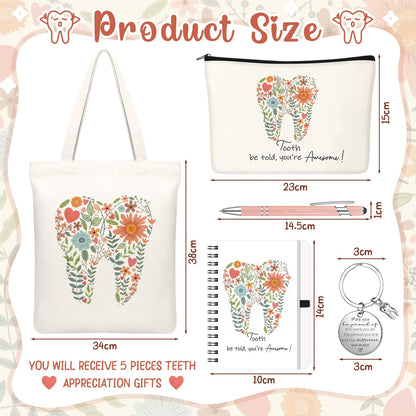 Kinlop 5 Pcs Floral Tooth Dental Gift Set for Women Include Tote Bag Canvas Cosmetic Bag Coil Notebook Keychain and Ballpoint Pen for Women Girls