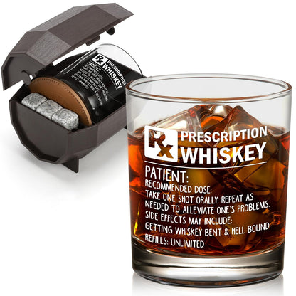 Prescription Whiskey Glass, Funny Rocks Glass & Bourbon Barrel Set for Brother Boyfriend Father Husband Coworker on Christmas & Birthday, White Elephant Cool Gag Gifts for Men