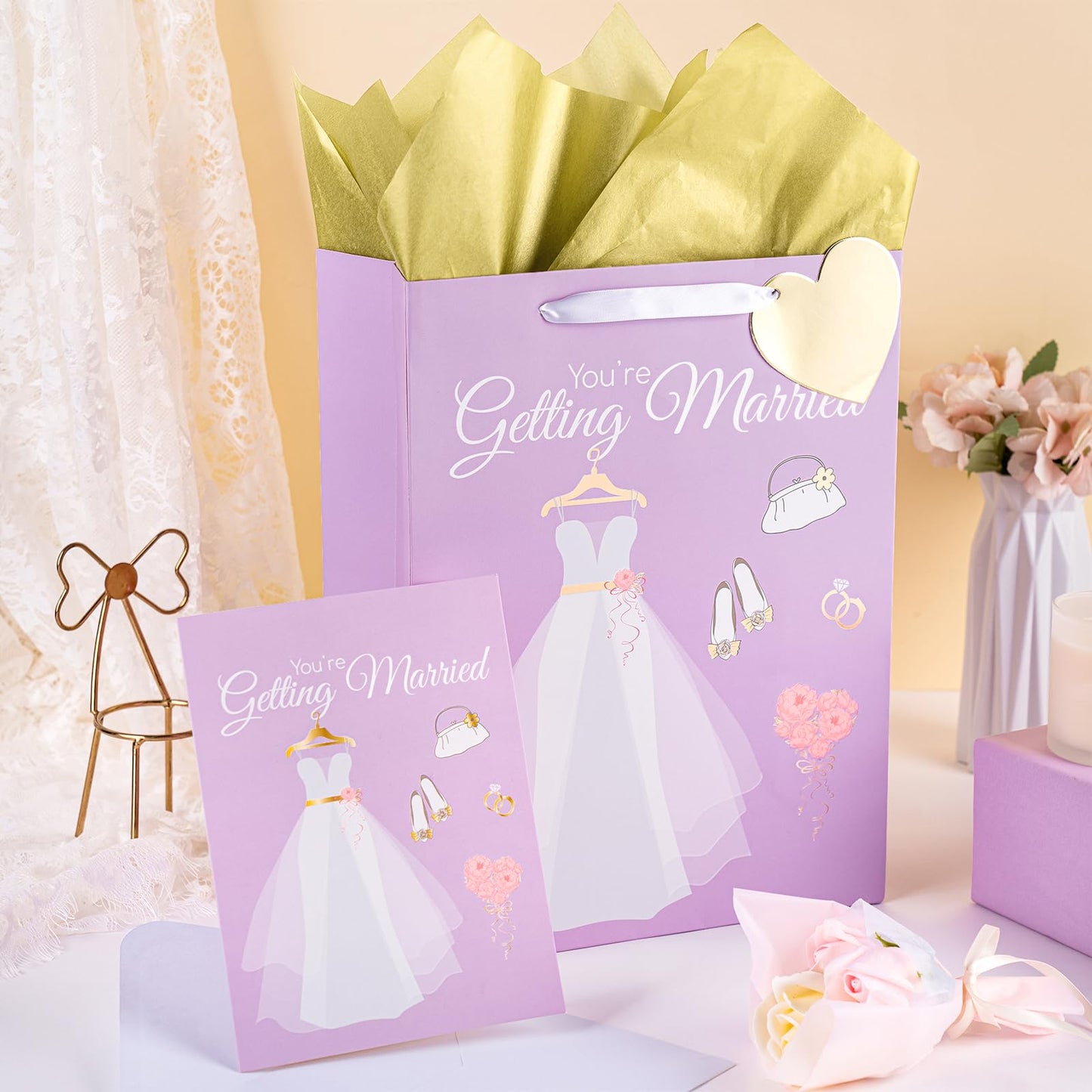 WRAPAHOLIC 13" Large Gift Bags with Card and Tissue Paper - Wedding Dress Design for Weddings, Engagements, Bridal Showers, Gift Wrap