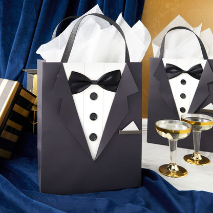 Sparkle and Bash Groomsmen Gift Bags With 3D Tuxedo Design, Satin Bow Tie & Real Buttons - Black, 6 Pack, 8 x 4.5 x 10 In - Wedding & Bachelor Party - Tuxedo Gift Bags for Men