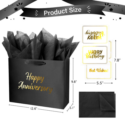 Linelglobal Black Anniversary Bag for Gift with Tissue Paper Silky for Women Men Boutique 13"