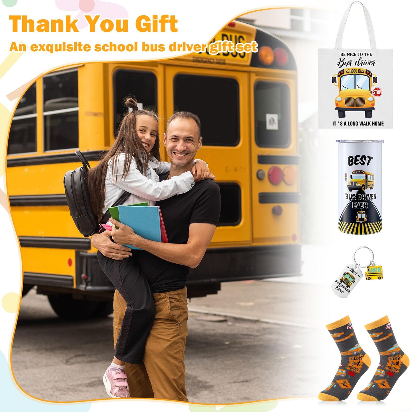 Sieral 4 Pcs School Bus Driver Appreciation Gifts for Women Men 12 oz Stainless Steel 4 in 1 Design Bus Driver Tumbler Cup and Lids Funny Bus Driver Canvas Bag Bus Driver Keychain Bus Driver Socks