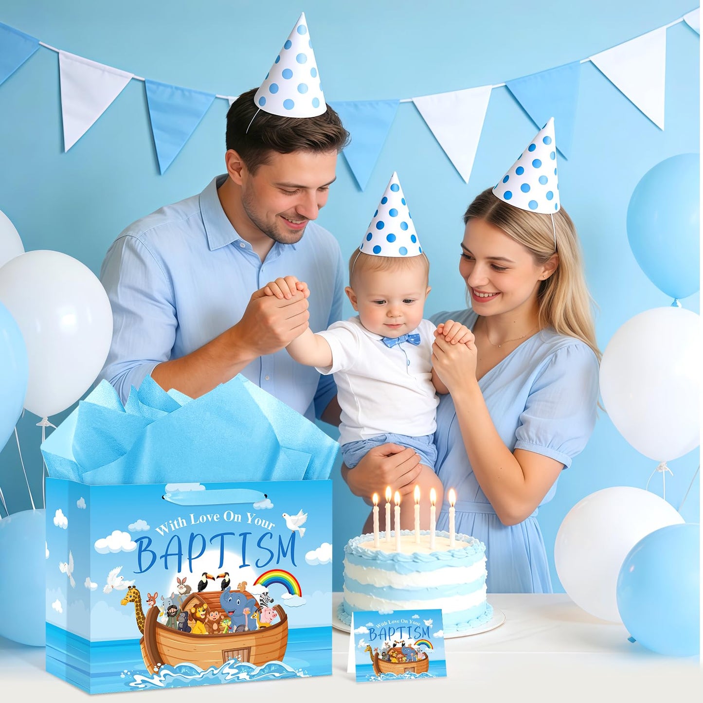 Neptniopllab Large Baptism Gift Bags for Boys,Blue Religious Christian Birthday Gift Bag with Greeting Card and Tissue Paper for Baby Boy First Communions Baptism Christenings (Baptism)