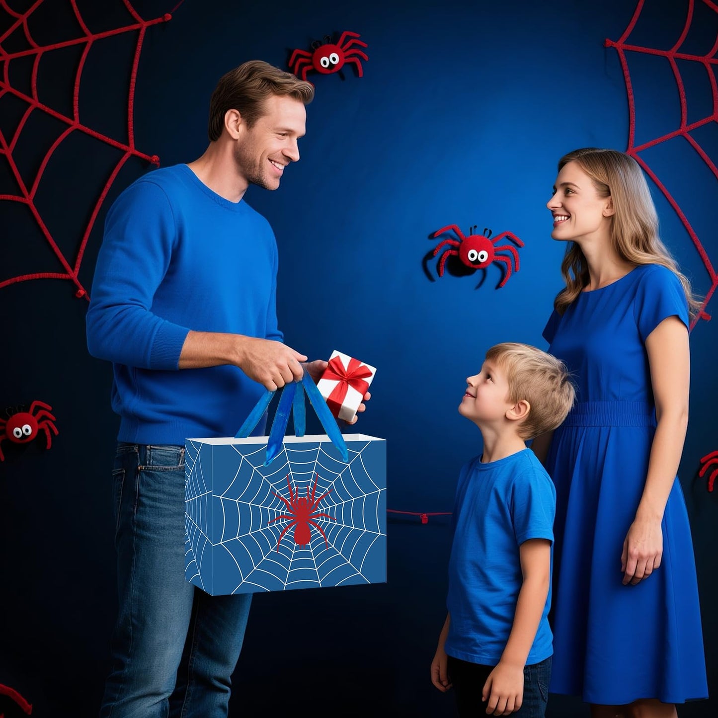 Yomaiha Blue Spider Birthday Gift Bag Spider Party Paper Bags with Handles Tissue Paper and Card Blue Spider Webs Wrapping Bag Spider Party Decorations for Men Girls Boys Birthday Supplies