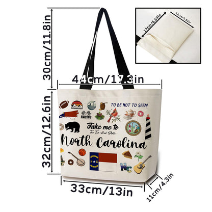 Take Me To North Carolina Tote Bag Reusable Grocery Bags Aesthetic Shopping Shoulder Handbag with Interior Pocket Lightweight & Washable Stylish North Carolina Travel Present for Women