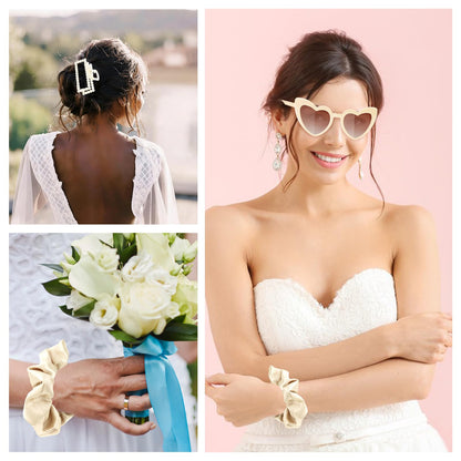 Bridesmaid Proposal Gift Set, 4PCS Satin Scrunchie, Pearl Hair Clip, Heart Shaped Sunglasses & Will You Be My Bridesmaid Card, Bridesmaids Gifts for Wedding Day and Bridal Shower (Champagne Gold)