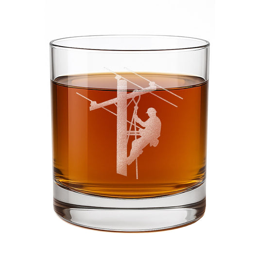 Lineman Whiskey Glass - Engraved Round Rocks Glass for Electrical Lineworkers, Powerline or Electrician Gift - 1 Pack