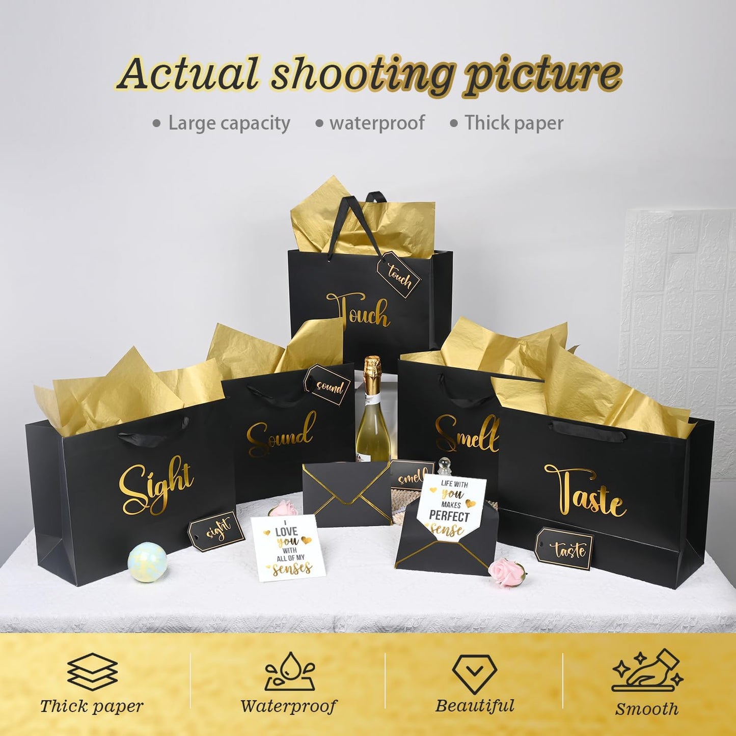 Nimbbex 13'' Large 5 Senses Gift Bags for Him Her with Labels Envelopes and Cards, Gold Foil Five Senses Gift Bags with Tissue Handle for Birthday, Anniversary, Mother's Day, Valentine's Day (Black)