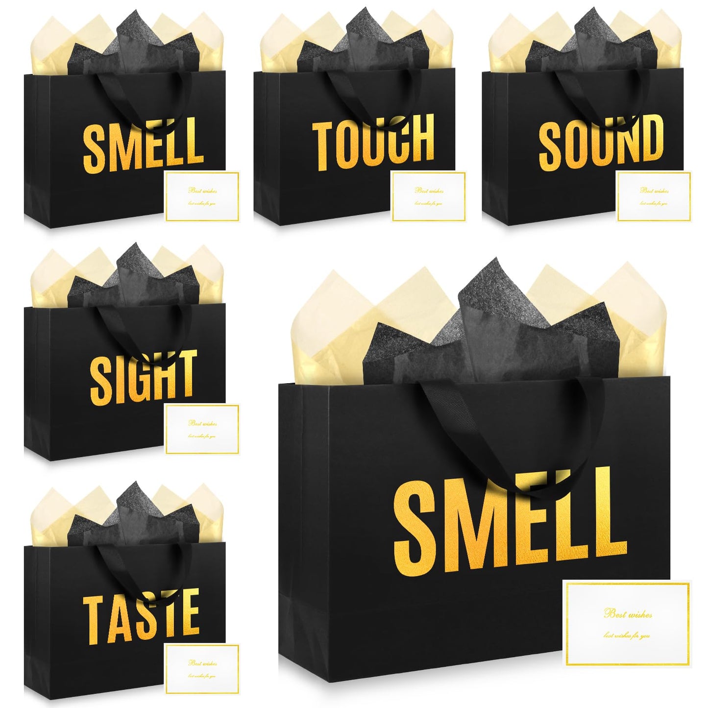 EIiovcnya 5 Senses Gift Bags for Him Her with Labels,Sight Smell Touch Taste Sound Gift Bags with Ribbon Handle,Tissue Paper,Greeting Card for Birthday,Wedding,Christmas,Valentine's Day (Black, 12.6 x 8.7 x 4 Inch)