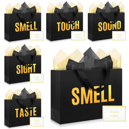 EIiovcnya 5 Senses Gift Bags for Him Her with Labels,Sight Smell Touch Taste Sound Gift Bags with Ribbon Handle,Tissue Paper,Greeting Card for Birthday,Wedding,Christmas,Valentine's Day (Black, 12.6 x 8.7 x 4 Inch)