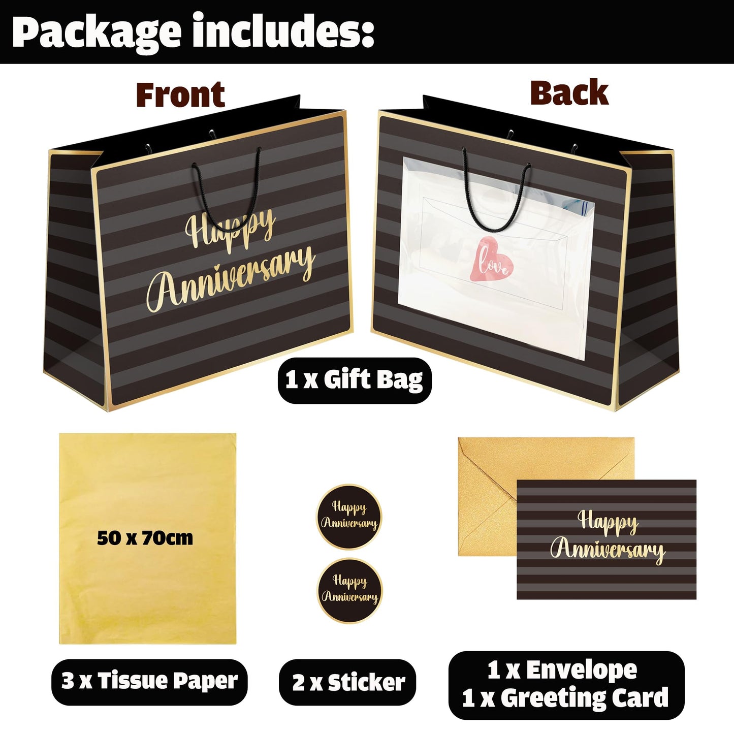 Sumerk 13" Large Anniversary Paper Bag with Tissue Papers and Greeting Card, Envelope and Stickers - Special Anniversary Wrapping Bag with Clear Window and Card Holder