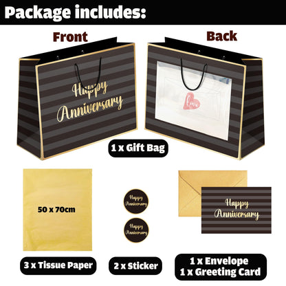 Sumerk 13" Large Anniversary Paper Bag with Tissue Papers and Greeting Card, Envelope and Stickers - Special Anniversary Wrapping Bag with Clear Window and Card Holder