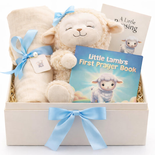 Baptism Gift for Boy Baptism Set with 10" Praying Lamb Plush Toy with Blue Bow, Bamboo Muslin Blanket & First Prayer Book, Ready to Gift Keepsake Box