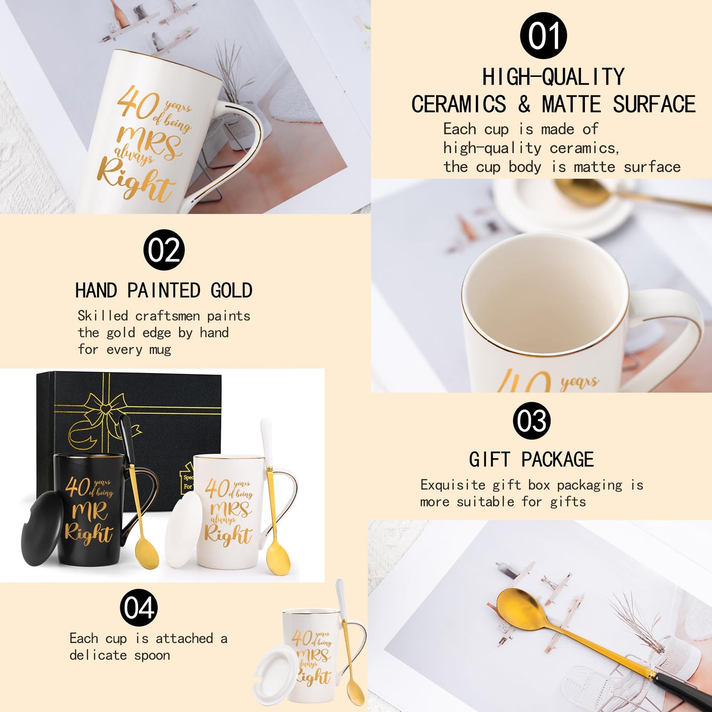 40th Wedding Gifts, 40th Anniversary Engagement Gift Ideas, 40 Years of Being Mr & Mrs Always Right Mug Set, Wedding Gifts Ideas for Couple Parents, 14 Oz with Lids and Gift Box