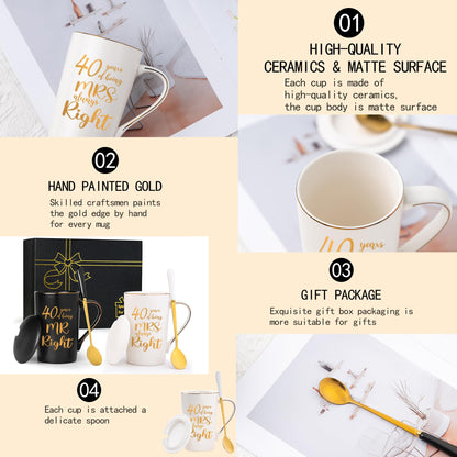 40th Wedding Gifts, 40th Anniversary Engagement Gift Ideas, 40 Years of Being Mr & Mrs Always Right Mug Set, Wedding Gifts Ideas for Couple Parents, 14 Oz with Lids and Gift Box