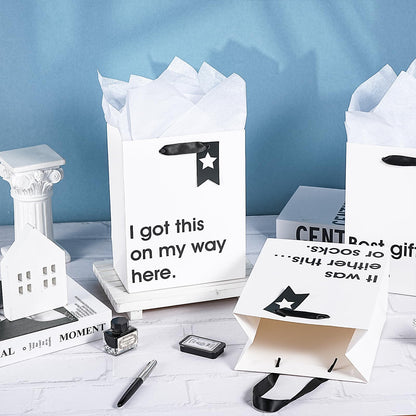 Loveinside Christmas Medium Size Gift Bags Set, Funny Quirky Design with Bold Black Text Pattern with Tissue Paper Perfect for Shopping, Parties, Birthday, Holiday, 4 Pack, 7" X 4" X 9"