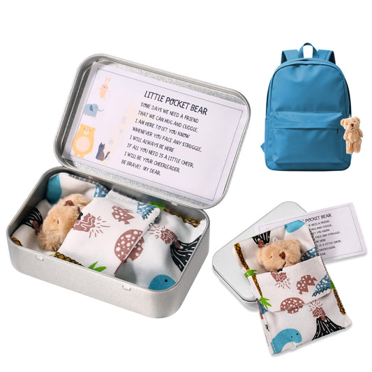 TOYMIS Little Pocket Bear Set, Adorable Mini Plush Bears with Inspirational Card Sleeping Blanket & Iron Box for Friends Encouragement Party Favor (Khaki Bear & Blue Sleeping Blanket)