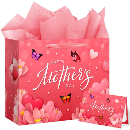 Aysimple Large Happy Mother's Day Paper Gift Bag with Wrapping Paper and Greeting Card 13" Butterfly Flowers Design Large Gift Bag Red Heart Party Bags for Happy Mothers Day Party Supplies