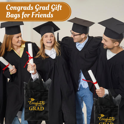 HunnmingRe 24 Sets Graduation Gift Bags 2026 Bulk Shiny Non Woven Black Gold Congrats Grad Tote Bag with Handles and Tissue Wrapping Papers for College High School Party Favors, 8 x 10 x 4 Inch