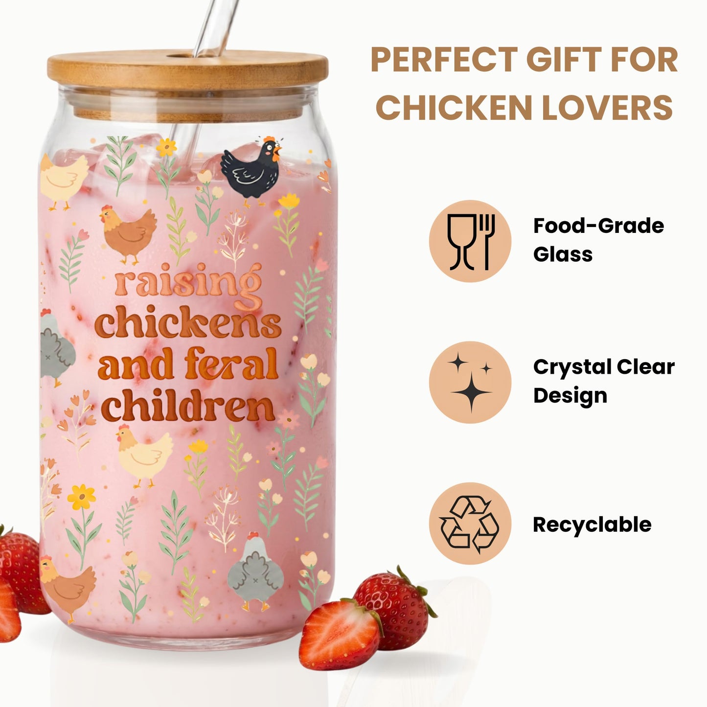 Chicken Gifts for Women, 16oz Glass Cup Chicken Mom Gifts, Funny Chickens Themed Gift for Mothers Day, Birthday, Chickens Lady Gift for Mom, Friend, Coworker, Sister