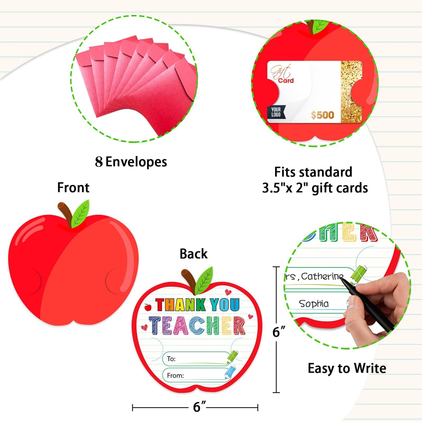 JUESMOS 8 Pack Teacher Gift Cards Holder Teacher Appreciation Week Apple Card Holder Money and Gift Card Sleeves for End of Year Preschool Kindergarten High School Graduation Gifts