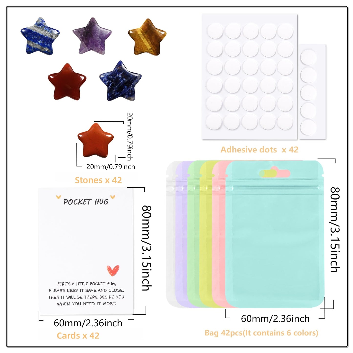 42 Sets Bulk Pocket Hug Little Star Worry Stones Token Gift Card for Friends Colleagues Family Distance Social Celebration of Life Gift