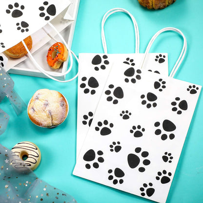 Blulu 20 Pcs Puppy Dog Paw Gift Bags with Paper Twist Handles, Dog Gift Paper Paw Treat Goodie Bags for PET Treat Party Favor, 6.3 x 3.1 x 8.6 Inch(White Backing)