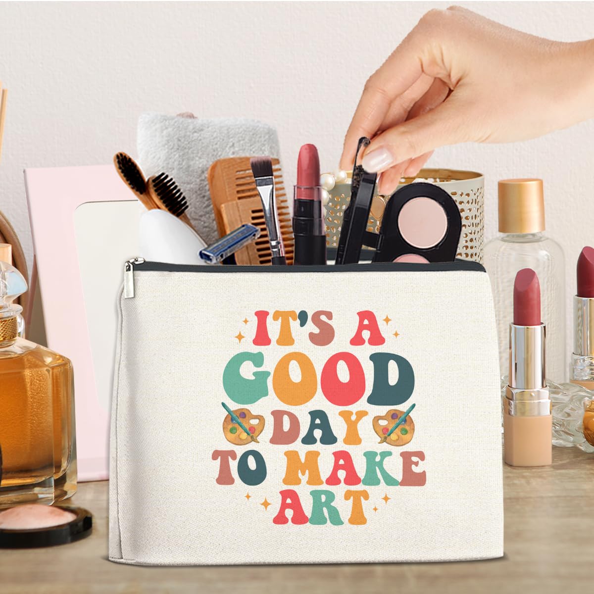 Makeup Bag Gifts for Artists Women, Art Lover Gift Thank You Gifts for Painter Teacher Girls Sister Friends It's A Good Day To Make Art Zipper Cosmetic Bag Travel Toiletry Pouch for Purse