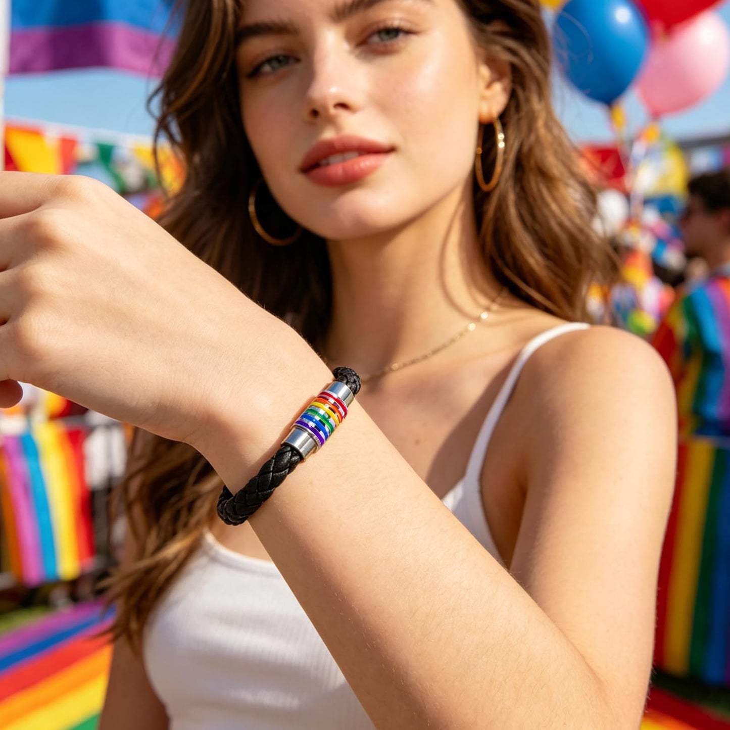 Nanafast Titanium Stainless Steel Rainbow LGBT Pride Bracelet Handmade Braided LGBTQ Pride Bracelets PU Leather Weave Plaited Wristband Jewelry