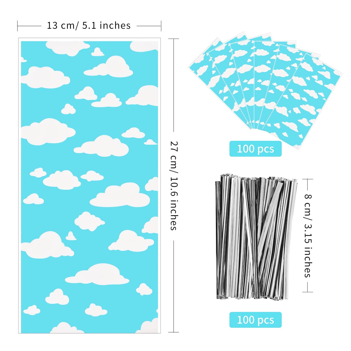 Lecferrarc 100 Pcs Blue Sky White Clouds Treat Bags White Clouds Print Cellophane Candy Bags Cartoon Story Party Favors with Twist Ties for Birthday Party Baby Shower Supplies