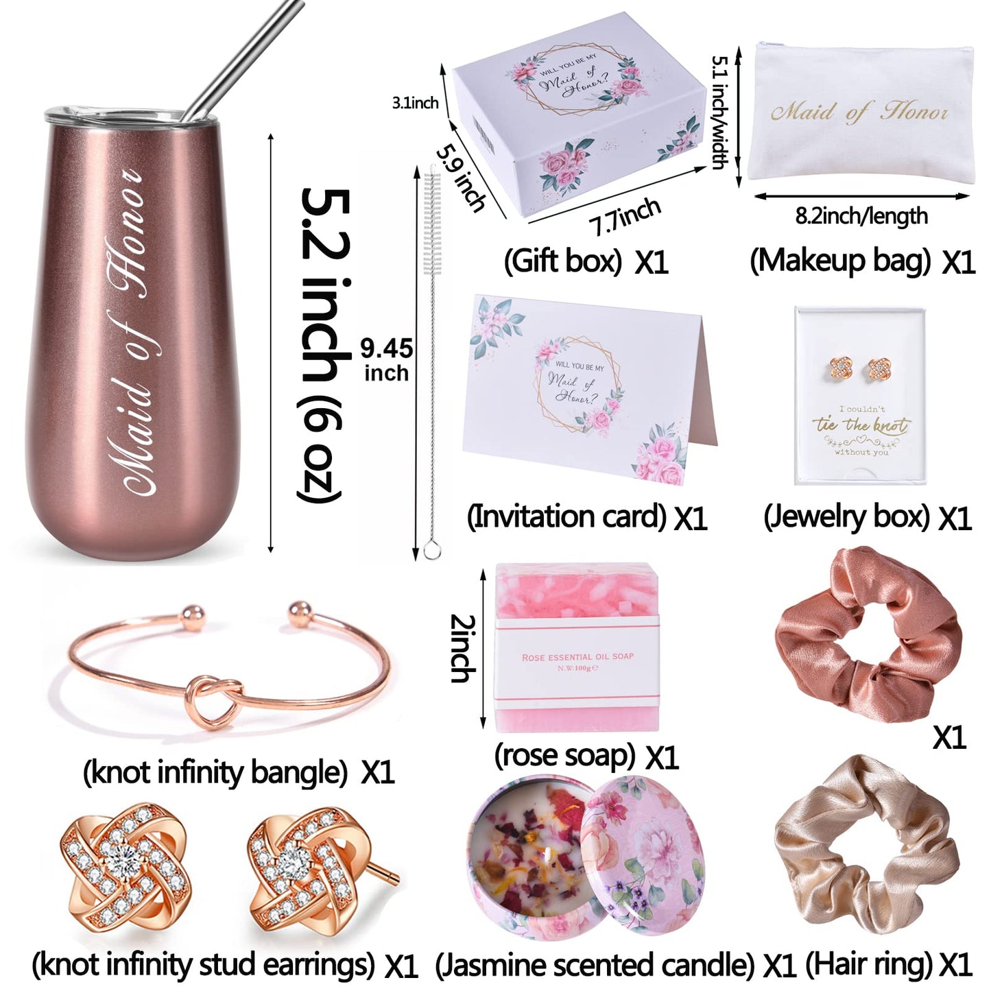 DHQH Maid of Honor Proposal Gift Box - Rose Gold Stemless Stainless Steel Champagne Glasses，Will You Be My Maid of Honor