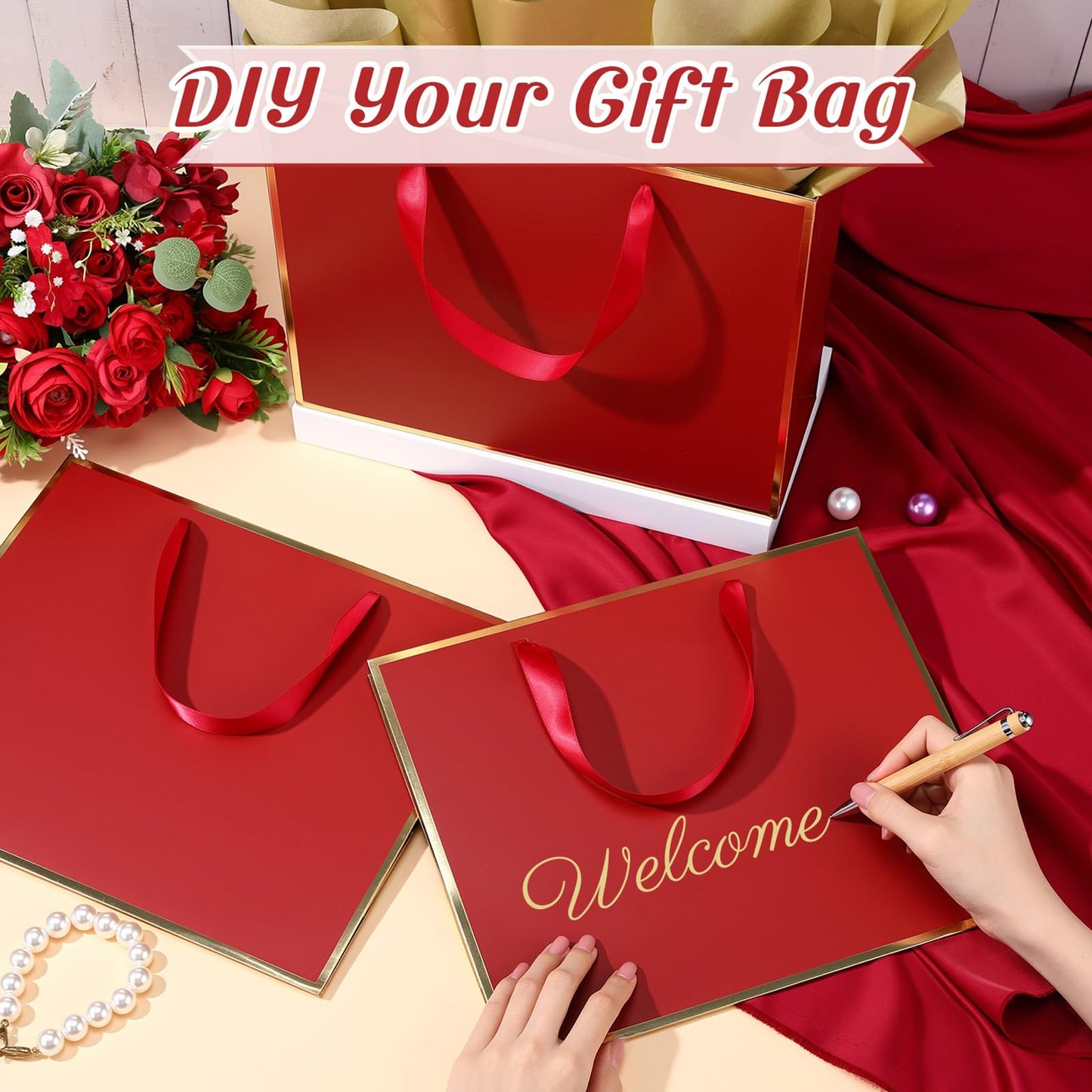 ReliThick 12 Pack Metallic Paper Gift Bag with Handles and Tissue Paper 11.8 x 10 x 4'' Thank You Favor Bag for Graduation Mother's Day Wedding Bridesmaid Groomsman 5 Senses Gifts (Burgundy Red,Gold)