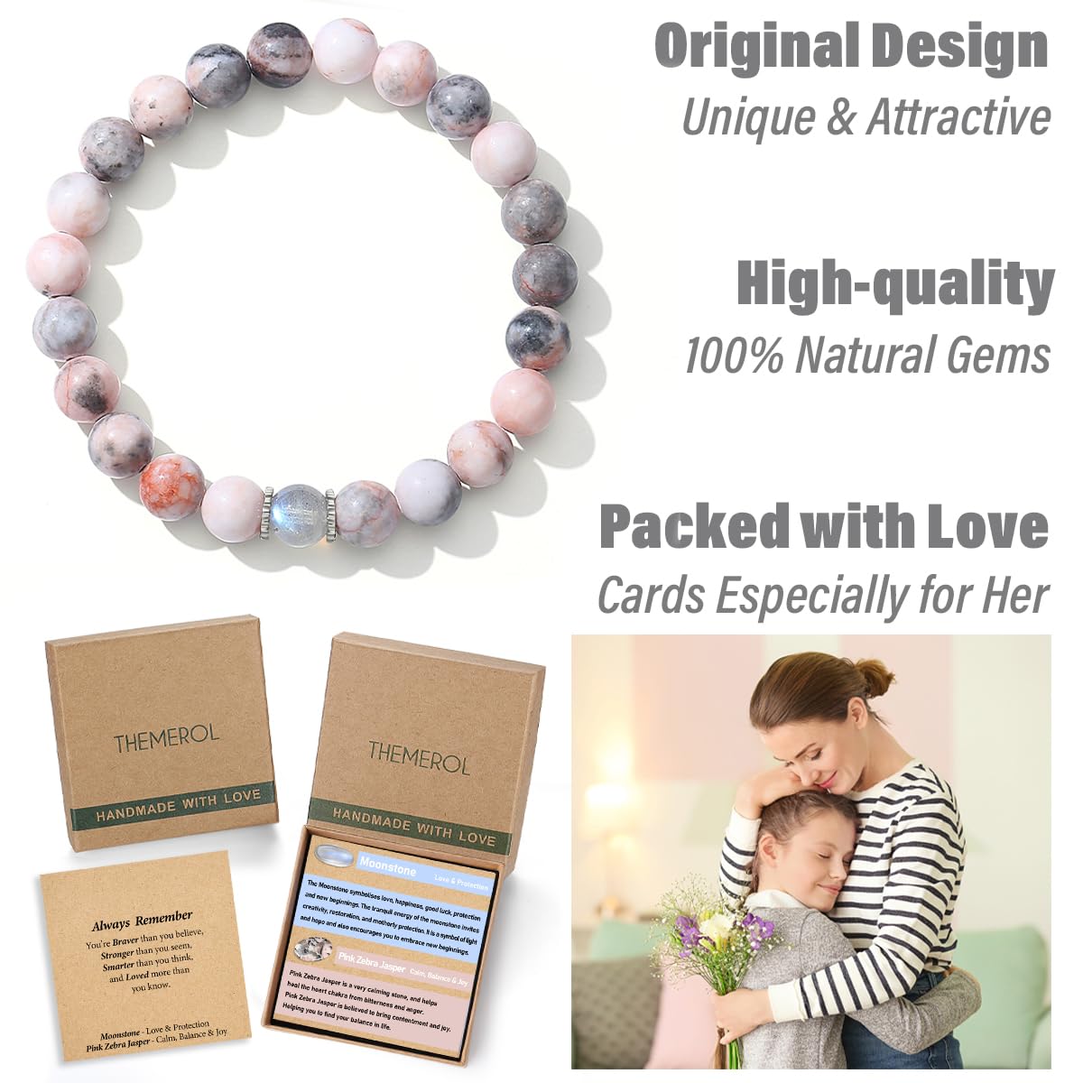 THEMEROL Inspirational Gifts for Kids/Girls/Teens/Women-Love/Encouragement-Natural Crystal Bracelets-Handmade Cute Gifts