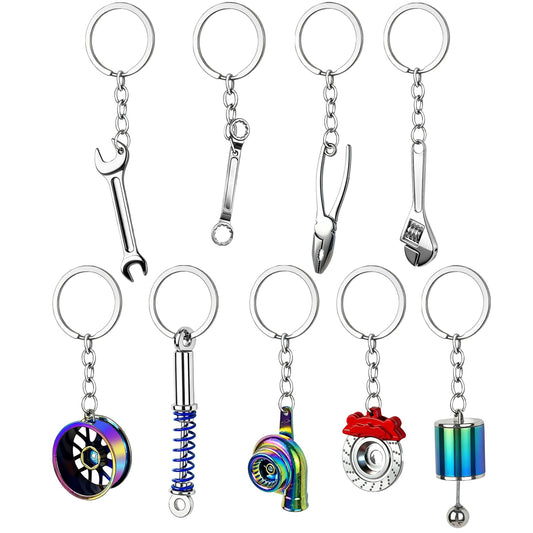 9 Pcs Metal Car Parts Keychains - Turbo, Gear Shifter, Wheel Rim, Spanner, Brake Disc, Wrench, Tongs | Cool Fun Novelty Gift for Car Guys | Men's Automotive Accessories Keyrings for Keys
