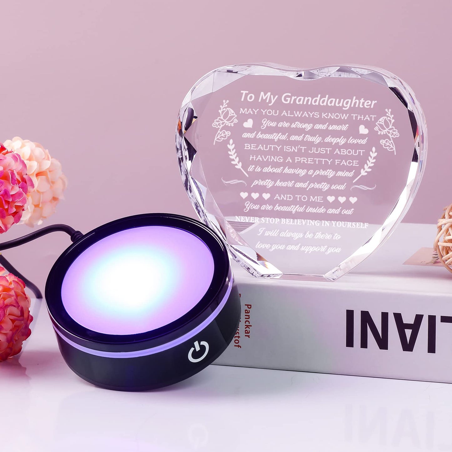 YWHL Granddaughter Gifts from Grandma Graduation Birthday Gifts for Granddaughter Heart Crystal to My Granddaughter Keepsakes Gift with Colorful Base on Wedding Back to School Valentine Christmas