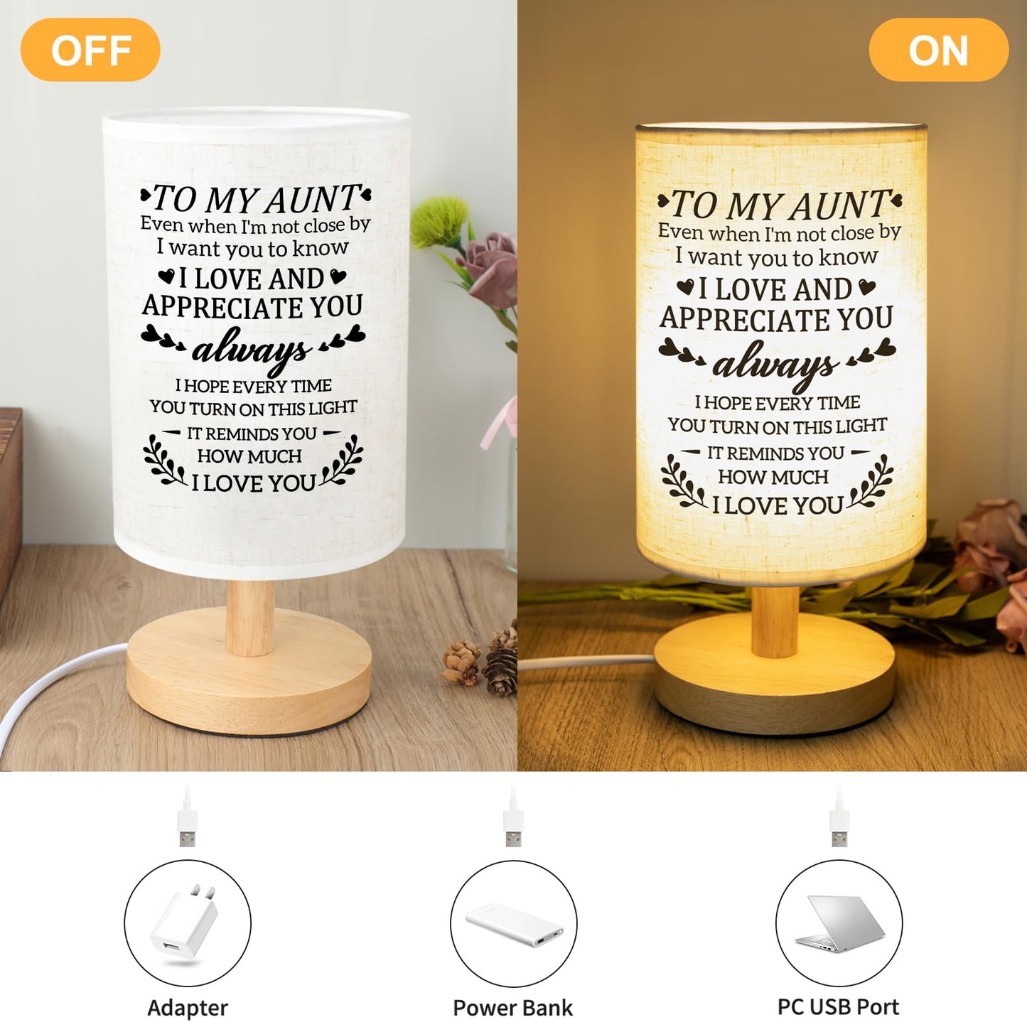 Gifts for Aunt from Niece, Aunt Birthday Gifts Fabric Lamp,Retirement Birthday Gifts for Aunt Table Lamp with Wooden Stand Unique Auntie Gifts