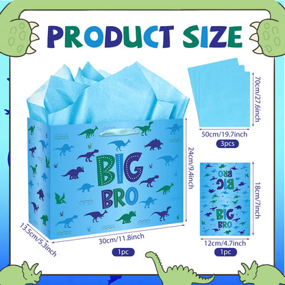 Big Brother Gift Bag for Boys, Cute Big Bro Gift Bag with Tissue Paper and Greeting Card Blue Wrapping Paper Cartoon Dinosaur New Brother Party Decoration for Little Boy Birthday Party Supplies