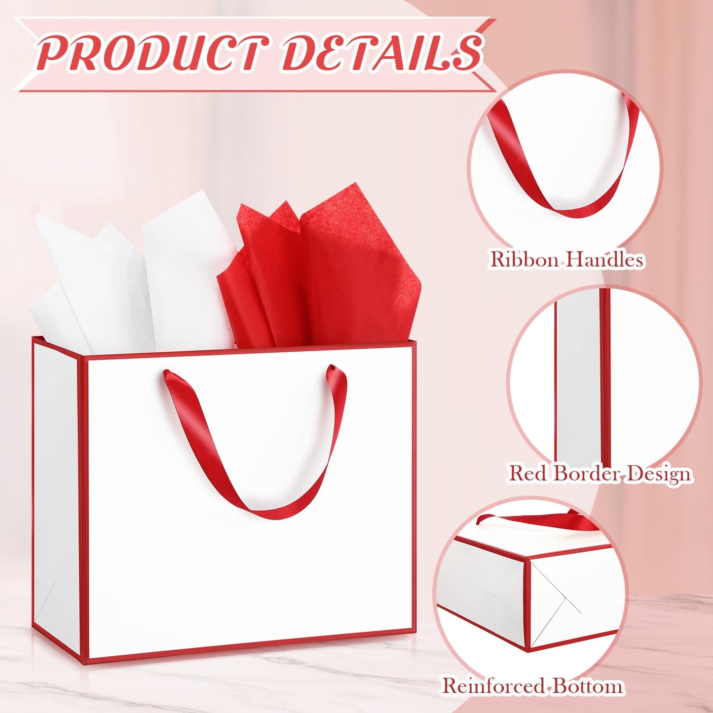 ReliThick 12 Pack Metallic Paper Gift Bag with Handles and Tissue Paper 11.8 x 10 x 4'' Thank You Favor Bag for Graduation Mother's Day Wedding Bridesmaid Groomsman 5 Senses Gifts (White,Red)