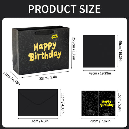 FOREVER 7 STAR Black Happy Birthday Gift Bag With Handles Tissue Papers and Greeting Card,13 Inch Medium Size for Birthday Perfect for Men,Dad,Boy