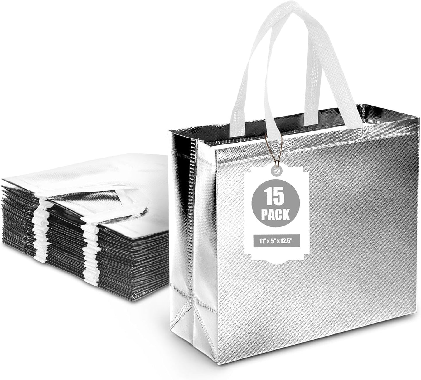 VGOODALL 15 Pack Large Gift Bags with Handles, 12.6" x 5" x 11" Silver Reusable Gift Bags Bulk for Birthday Wedding Party Favor
