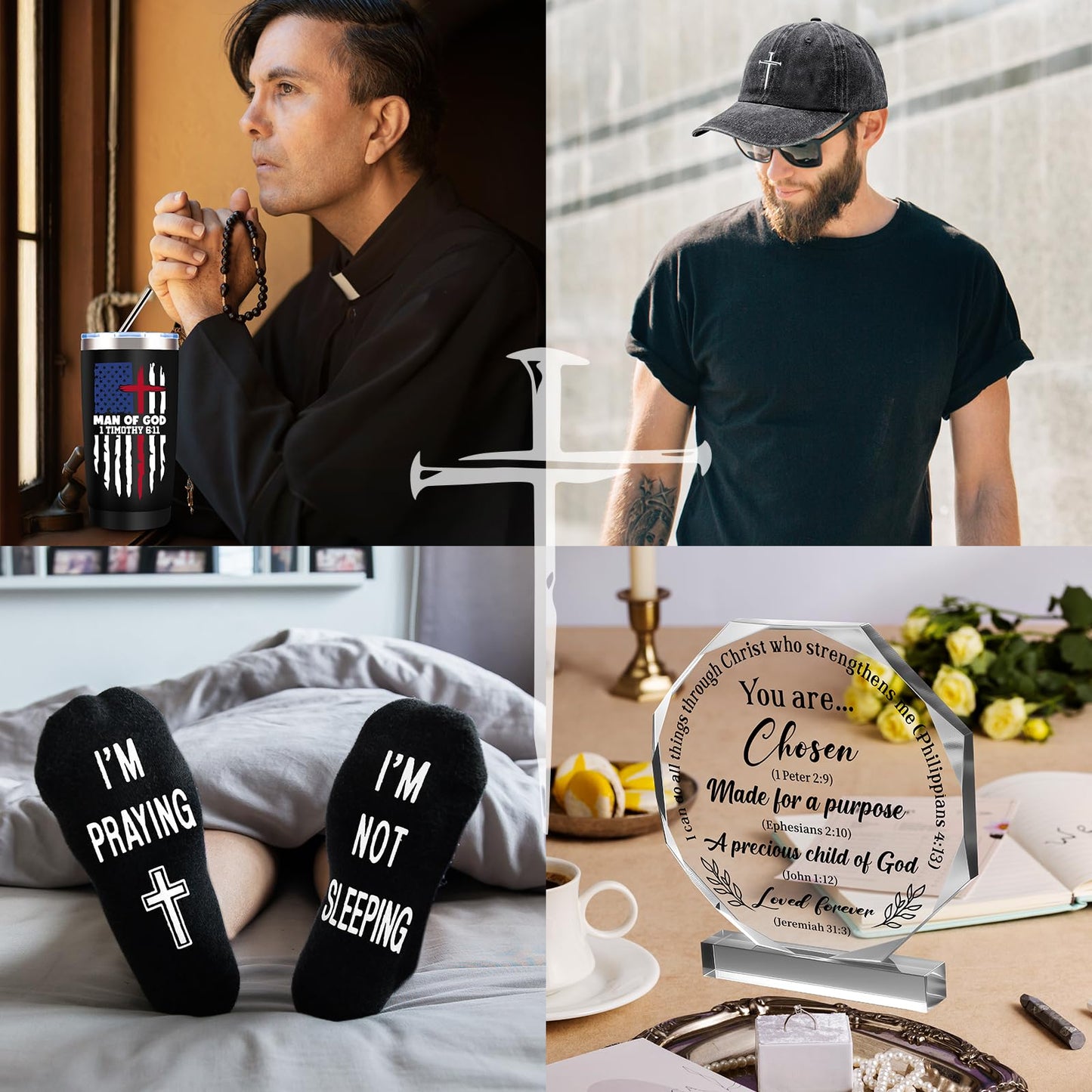 10 Pcs Christian Gifts for Men Faith, Inspirational Religious Gifts, Catholic Gift with 20 Oz Tumbler Bible Verses Crystal Plaque Hat Socks Bracelet Keychain for Husband, Dad, Grandpa, Friends