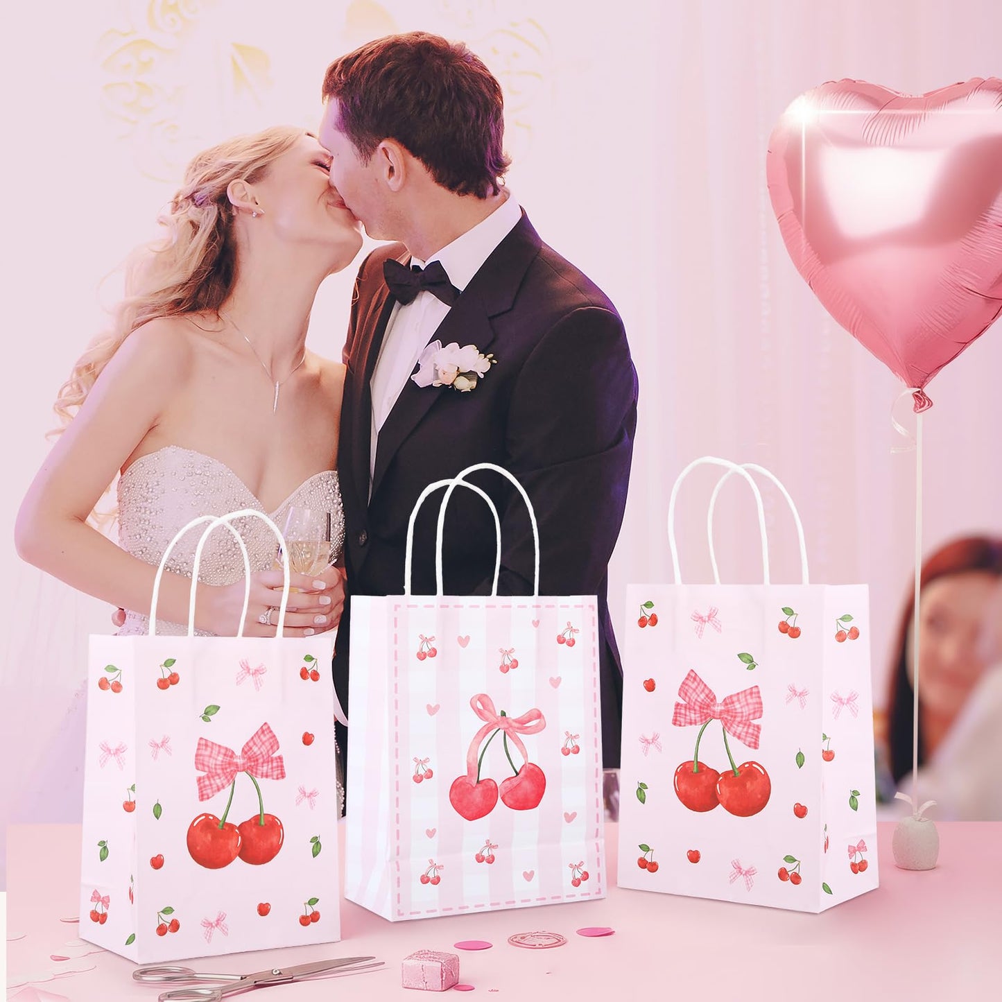 12pcs Pink Bow Gifts Bag for Women Party Favor Pouch Cherry Themed, Coquette Bow Goodie Paper Pocket with Handles, Wedding Gifts Bag Bridal Shower Birthday Party Decoration Supplies Baby Shower