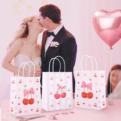 12pcs Pink Bow Gifts Bag for Women Party Favor Pouch Cherry Themed, Coquette Bow Goodie Paper Pocket with Handles, Wedding Gifts Bag Bridal Shower Birthday Party Decoration Supplies Baby Shower
