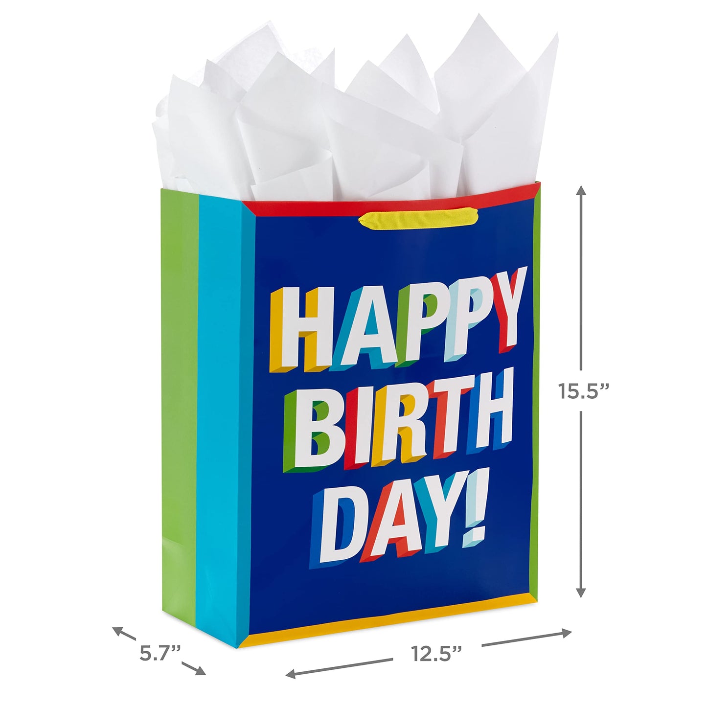Hallmark 15" Extra Large Birthday Gift Bag with Tissue Paper (Happy Birthday, Red, Blue, Yellow, Green) for Kids, Teachers, Coworkers, Friends