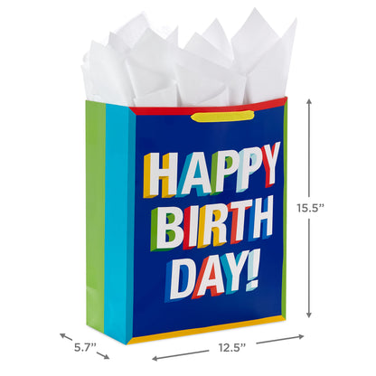 Hallmark 15" Extra Large Birthday Gift Bag with Tissue Paper (Happy Birthday, Red, Blue, Yellow, Green) for Kids, Teachers, Coworkers, Friends