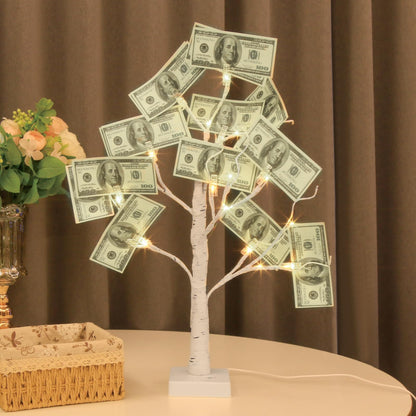 PABIPABI Money Tree Gift Holder, 24 LED Lighted Birch Tree with 12 Clear Clips, Battery/USB Powered Timer Display Tree for Christmas, Memo, Present Card, Photo, Wedding, Birthday Graduation