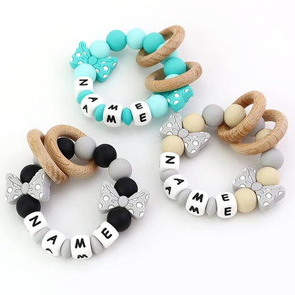 Personalized Baby Teether Ring with Name Custom Silicone Rattle Teething Bracelet with Natural Beech Wood Customizable Toddler Newborn Baby